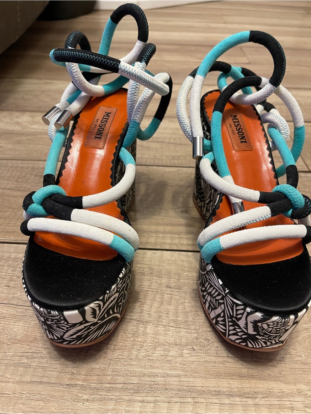 Missoni Turquoise, White & Black Rope Strap Heeled Sandals